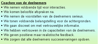 Tekstvak: Coachen van de deelnemers
We nemen voldoende tijd voor interacties.
We komen beloofde afspraken na.
We nemen de voorstellen van de deelnemers serieus.
We tonen voldoende belangstelling voor de achtergronden.
We gaan discreet om met vertrouwelijke informatie.
We hebben vertrouwen in de capaciteiten van de deelnemers.
We geven positieve maar realistische feedback.
We zorgen dat alle deelnemers succeservaringen opdoen.